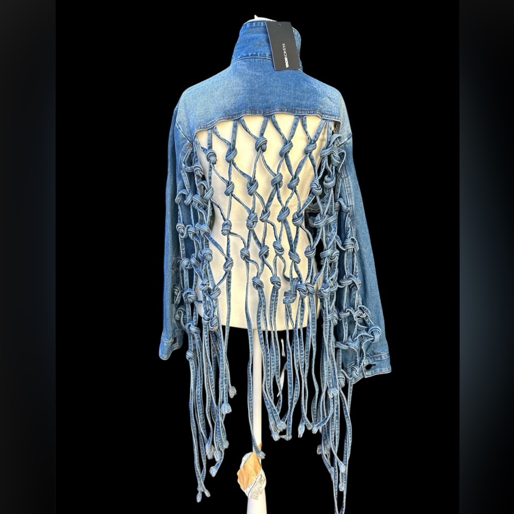 NWT Coachella Fashion Nova Dream Catcher Denim Jacket Fringe Tassels Size M - Picture 2 of 16
